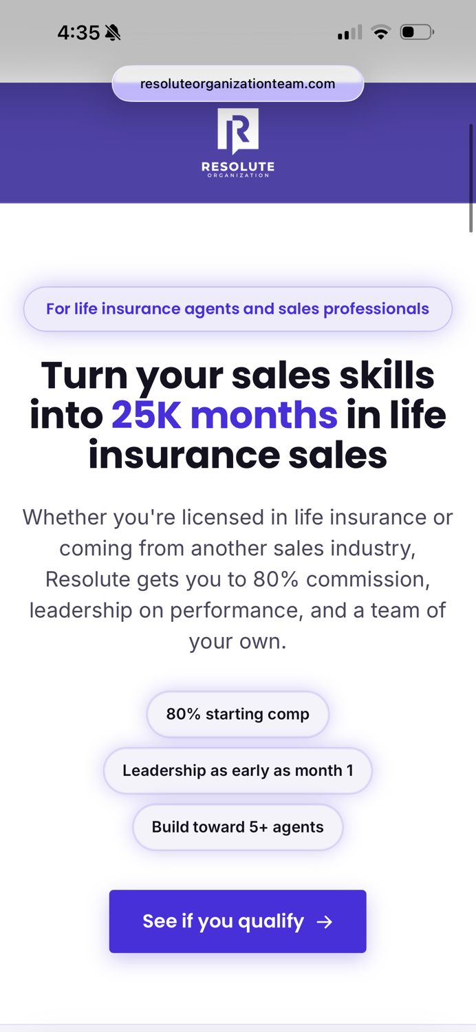 Resolute Organization landing page: Turn your sales skills into 25K months in life insurance sales